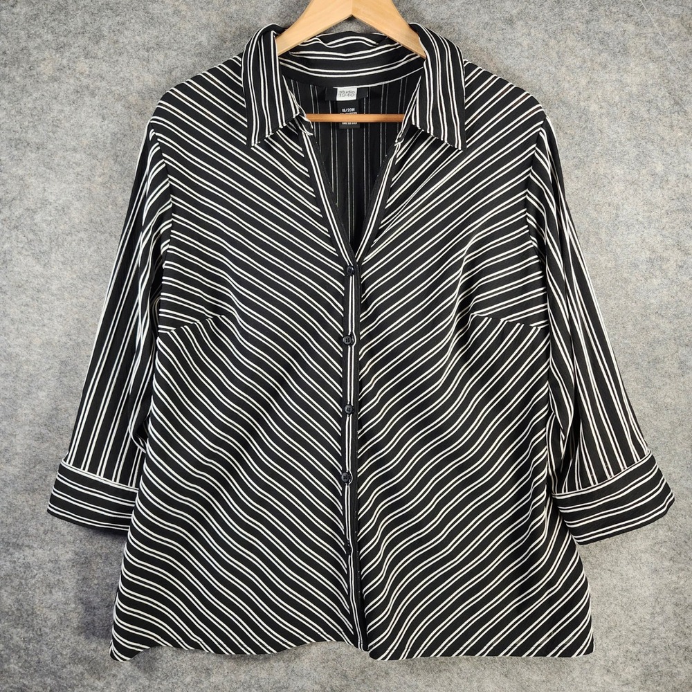 Seersucker Career‎ Top Studio 1940 Women 18/20W Black Striped 3/4 Sleeve V-Neck